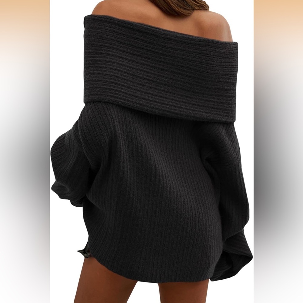Off-Shoulder Black Ribbed Sweater - Picture 2 of 6